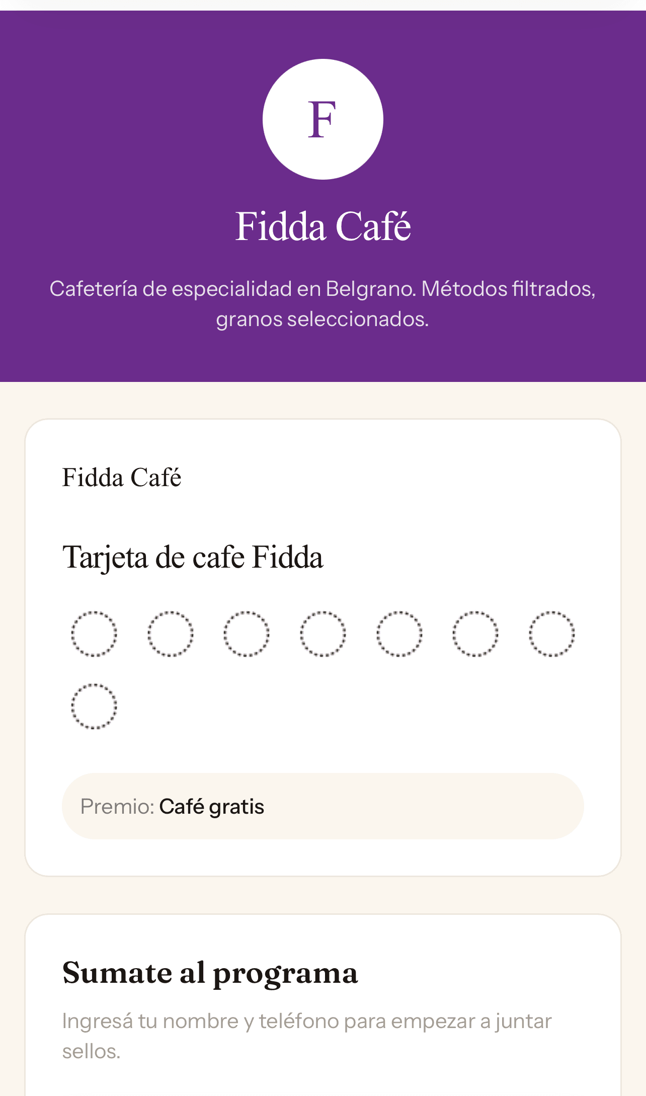Página de registro del consumidor para sumarse al programa del comercio.