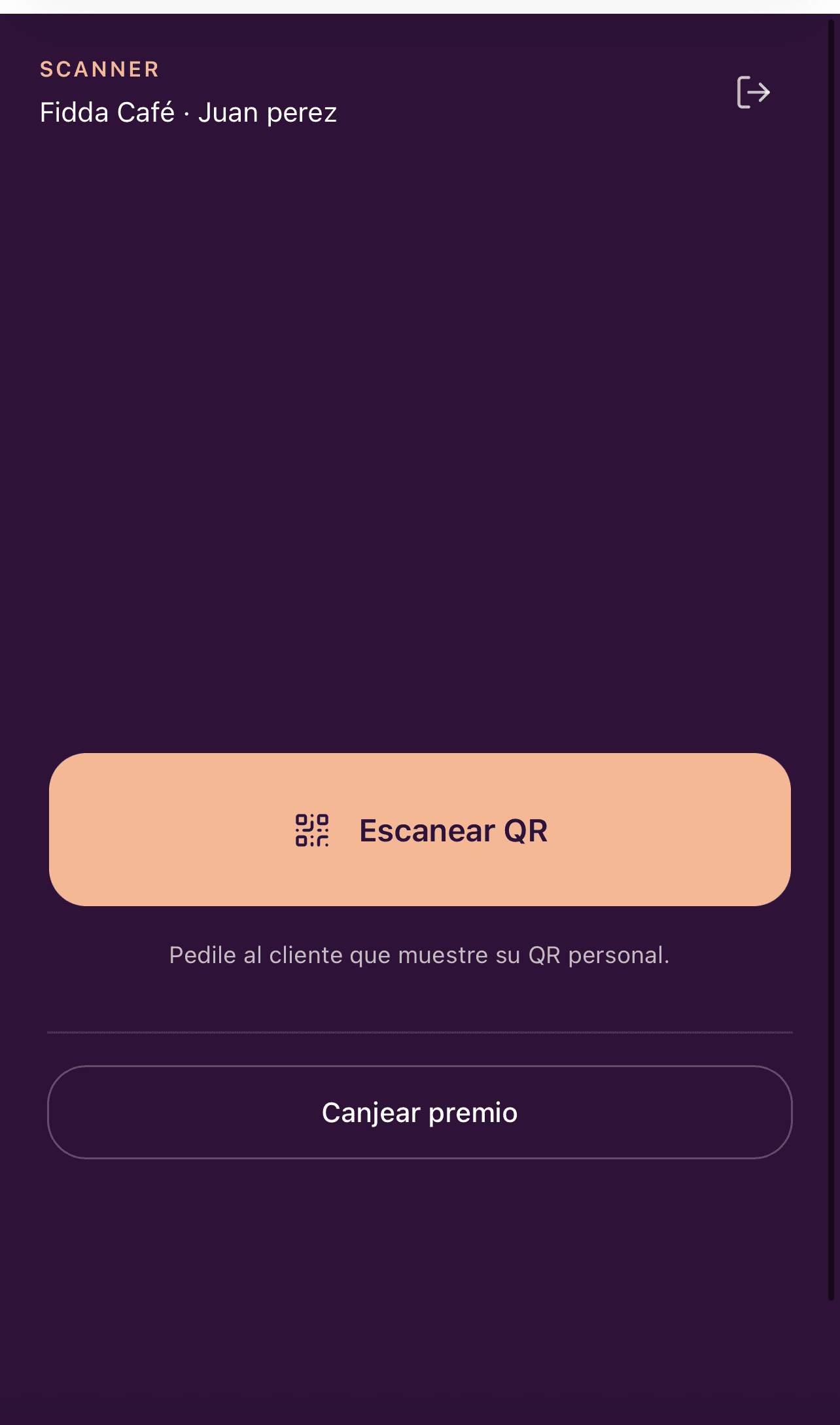 Pantalla del scanner que usa el empleado para sumar sellos a los clientes.
