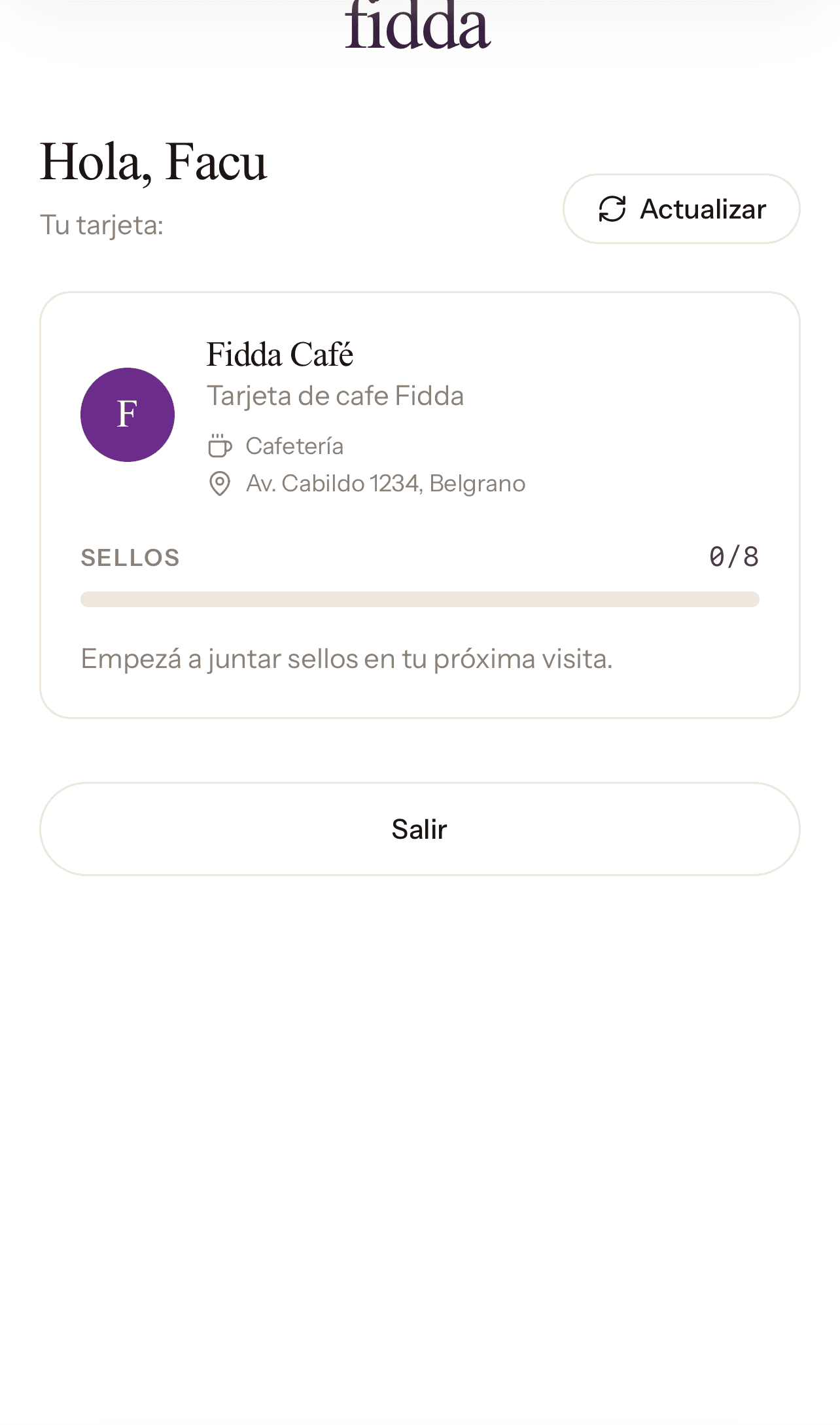 Vista del cliente con todas sus tarjetas de fidelización en un solo lugar.