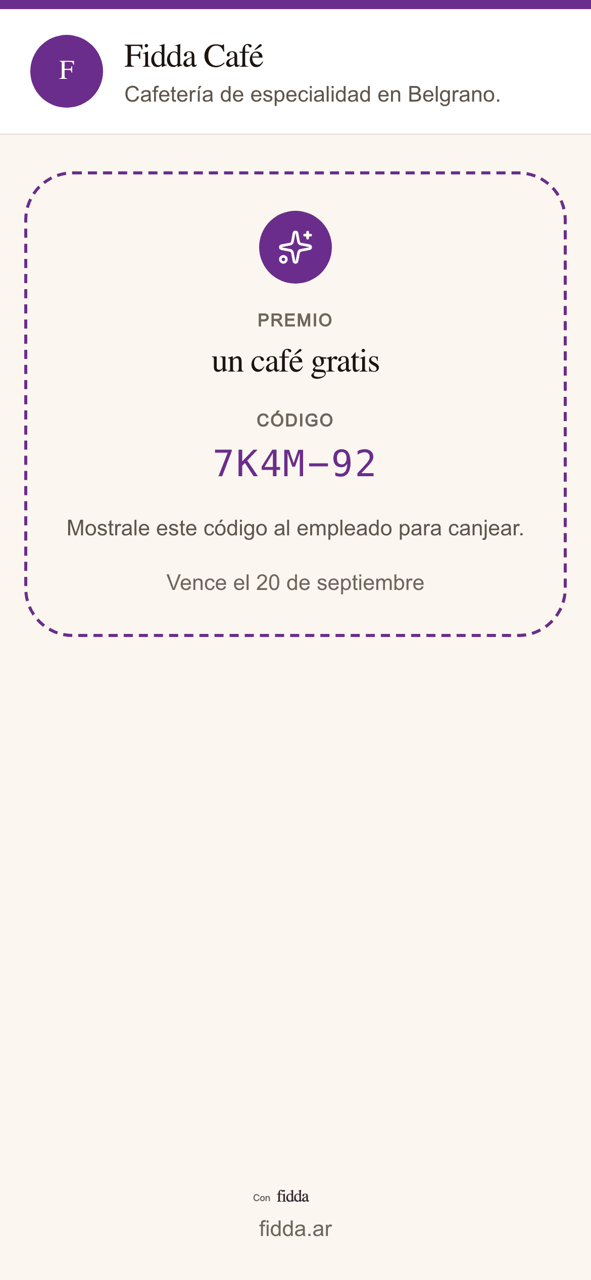 Pantalla del cliente con el código de canje de su premio.
